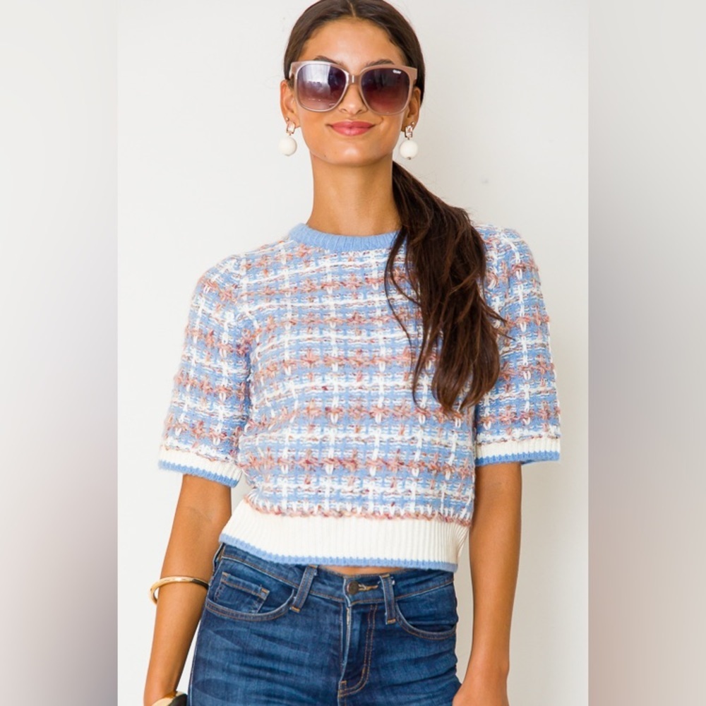 NWT Easel Tweed Short Sleeve Knit Plaid Sweater/Top Blue Brown Size Small